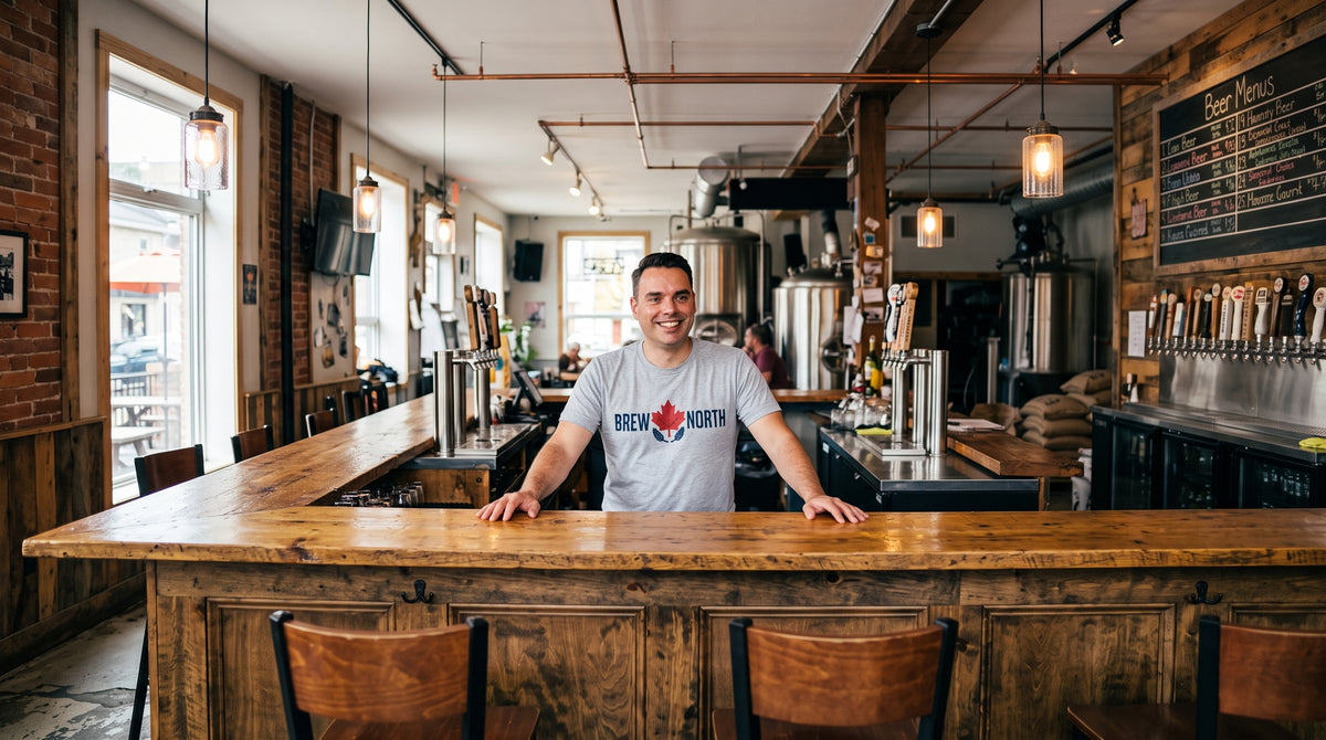 Smiling man in a Brew North t-shirt behind a craft brewery taproom bar